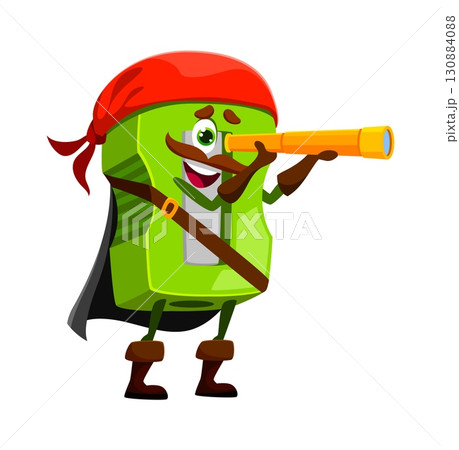 Cartoon pencil sharpener school stationery pirate and corsair crew character stands tall with a spyglass. Isolated vector supply tool personage ready for swashbuckling adventures on the high seas 130884088