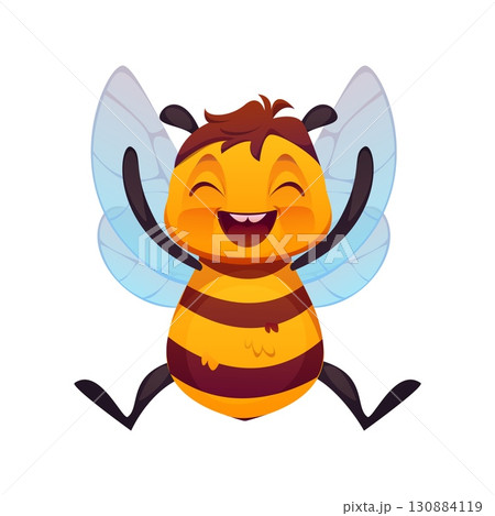 Cartoon honey bee character with raised arms and joyful happy expression featuring bright yellow and black stripes and translucent wings. Vector cheerful cute honeybee, animal mascot, insect personage Cartoon honey bee character with raised arms and joyful happy expression featuring bright yellow and black stripes and translucent wings. Vector cheerful cute honeybee, animal mascot, insect personage 130884119