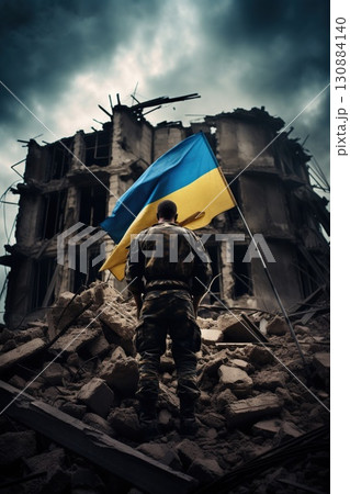 Ukrainian soldier standing on destroyed by missile strike city background with blue and yellow flag, Russia Ukraine war concept, demolished building and territory liberation 130884140