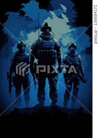 silhouette of military army platoon with weapon, infantry and commando team, special forces soldiers 130884171