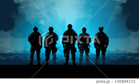 silhouette of military army platoon with weapon, infantry and commando team, special forces soldiers 130884172