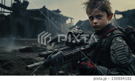 little soldier kid on ruined city background, young boy with rifle in demolished building at war 130884182
