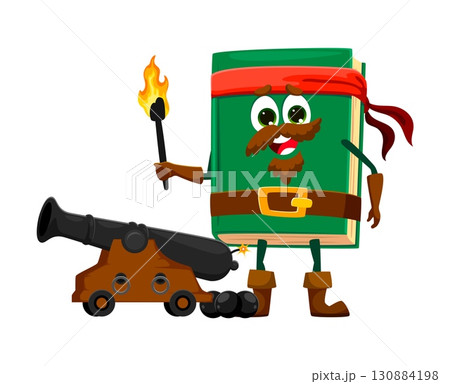 Cartoon textbook school pirate and corsair stationery crew character with cannon. Isolated vector library book supply personage with mischievous grin ready for the sea battle in search of treasure 130884198
