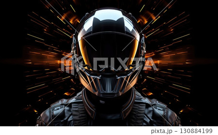closeup portrait of dark futuristic air fighter pilot in helmet with glasses, fiction and sci-fi aircraft warrior 130884199