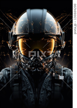closeup portrait of dark futuristic air fighter pilot in helmet with glasses, fiction and sci-fi aircraft warrior 130884200