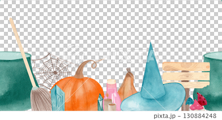 Watercolor Halloween seamless border with witch cauldrons, broom, pumpkin, hat, crystals, potion, mushrooms, candles, cobweb, and wooden sign. For invitations, cards, posters, and seasonal decor 130884248