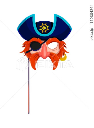 Caribbean pirate redhead face photo booth mask. Caribbean privateer sailor vector face mask. Kids photo booth pirate captain prop with red mustaches, eye patch and blue tricorn hat, golden earning Caribbean pirate redhead face photo booth mask. Caribbean privateer sailor vector face mask. Kids photo booth pirate captain prop with red mustaches, eye patch and blue tricorn hat, golden earning 130884264