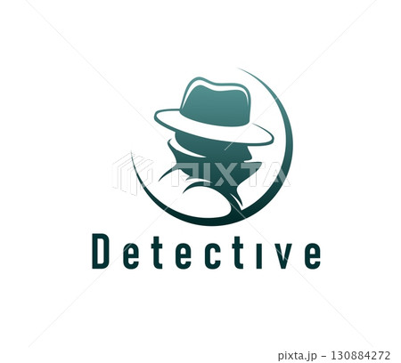 Private detective icon, crime police inspector, secret agent or spy. Vector emblem depicting mysterious silhouette in a fedora hat and trench coat, enclosed in a circular shape, symbolizes secrecy 130884272