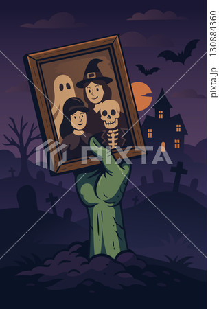 Zombie hand holding spooky family photo in creepy Halloween cemetery with haunted house, full moon 130884360