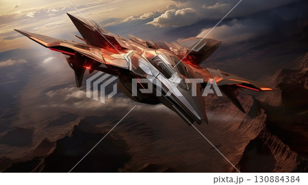 futuristic air space fighter jet, military fiction aircraft taking combat, fantastic army jet 130884384
