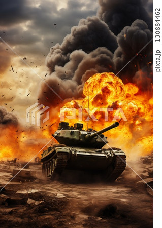 heavy modern armored tank fire at battlefield, war and battle concept 130884462