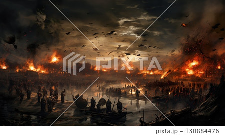 ancient battlefield with soldiers fighting, historical battle 130884476