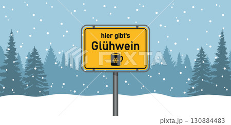 place sign with german word mulled wine in snowy winter landscape vector illustration 130884483