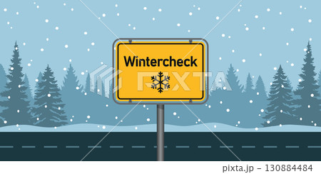 wintercheck traffic sign on snowy winter landscape background vector illustration 130884484