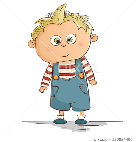 Cute little blond boy in overalls and striped shirt in childrens cartoon style Cute little blond boy in overalls and striped shirt in childrens cartoon style 130884490