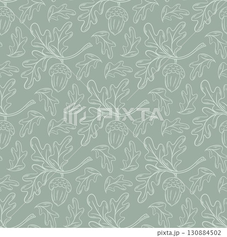 Seamless pattern with acorns and foliage silhouette on green background 130884502