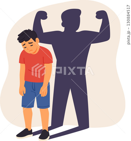 Sad boy with powerful strong shadow symbolizing self belief, motivation and personal growth Sad boy with powerful strong shadow symbolizing self belief, motivation and personal growth 130884517