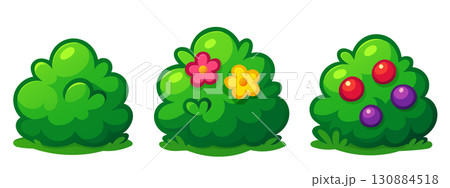 Set of three green cartoon bushes in flat vector style, simple foliage, blooming flowers 130884518