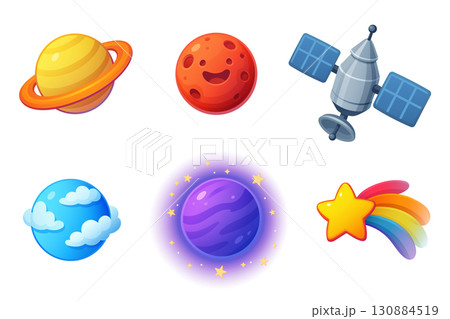 Space objects collection with planets satellite and star in cartoon vector illustration 130884519