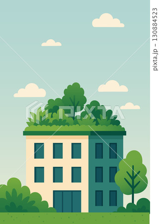 Eco friendly building with green roof garden and trees in flat vector illustration Eco friendly building with green roof garden and trees in flat vector illustration 130884523