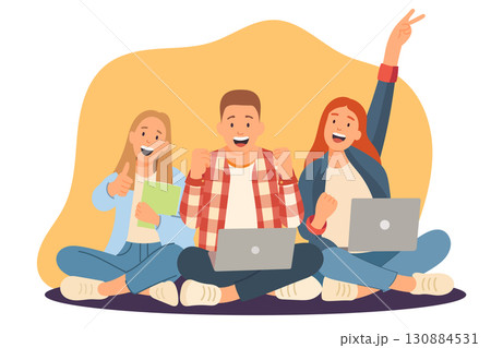 Group of happy students studying online with laptops Group of happy students studying online with laptops 130884531