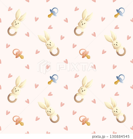 seamless pattern with bunny teether and pacifiers, realistic pastel baby toy design for nursery  130884545