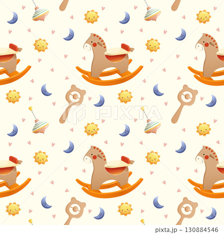 seamless pattern rocking horse, spinning top, rattle, moon and sun, realistic pastel baby toys. 130884546