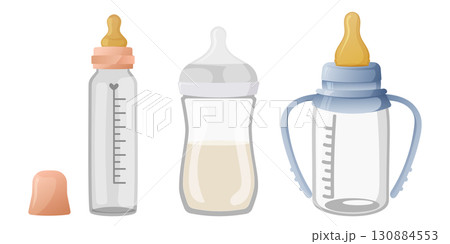 Child items set with three Montessori baby feeding bottles classic, wide neck and training cup 130884553