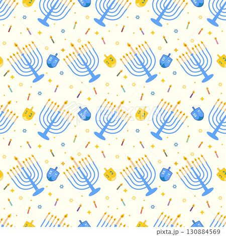 Hanukkah seamless pattern with blue hanukiah menorahs, dreidels and candles in modern flat style Hanukkah seamless pattern with blue hanukiah menorahs, dreidels and candles in modern flat style 130884569
