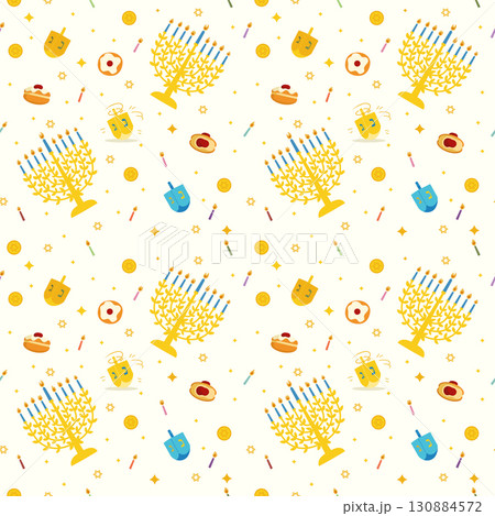 Hanukkah seamless pattern with yellow hanukiah menorahs, dreidels, sufganiyah and coins Hanukkah seamless pattern with yellow hanukiah menorahs, dreidels, sufganiyah and coins 130884572