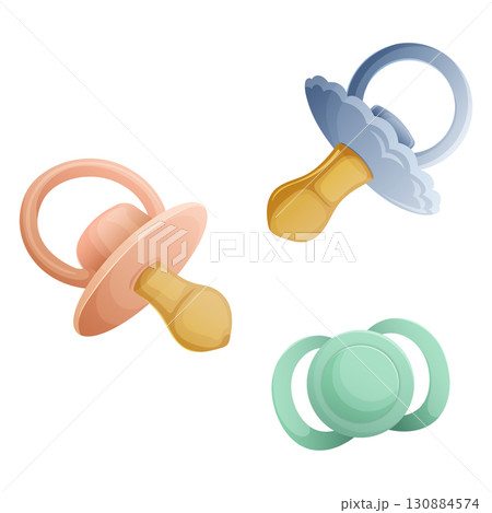 Newborn Accessory Collection. Child items set with three Montessori baby pacifiers in pastel tones 130884574