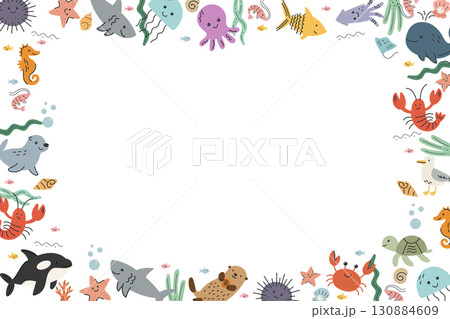 Horizontal sea animals frame with whale, shark, crab and jellyfish 130884609