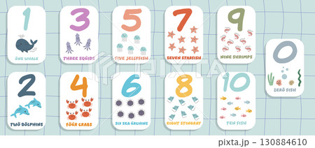 Ocean animals counting flashcards set from 0 to 10 with whale, dolphins, crabs, jellyfish, starfish  130884610