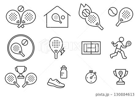 Padel sport line icons set with rackets, court, player and equipment in minimal outline style, Padel sport line icons set with rackets, court, player and equipment in minimal outline style, 130884613