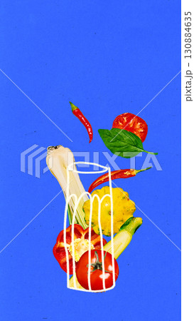Graphic composition. Spicy tomato chili vegetable juice mix in graphic glass on blue background Graphic composition. Spicy tomato chili vegetable juice mix in graphic glass on blue background 130884635