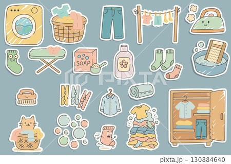 Cute Laundry Stickers set with washing machine, clothes, socks, detergent and household items Cute Laundry Stickers set with washing machine, clothes, socks, detergent and household items 130884640
