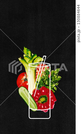 Artwork of celery tomato cucumber pepper parsley inside white outline glass with straw on black background for juice branding 130884644