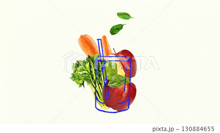 Bright artwork. Apples carrots celery spinach inside blue outline glass with straw on beige background for smoothie marketing Bright artwork. Apples carrots celery spinach inside blue outline glass with straw on beige background for smoothie marketing 130884655