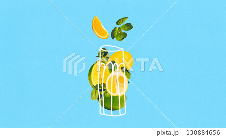 Modern composition. Lemon and lime slices with mint in white outline glass on blue background for refreshing juice advertising Modern composition. Lemon and lime slices with mint in white outline glass on blue background for refreshing juice advertising 130884656