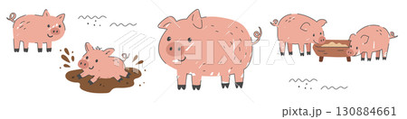 Cute pigs on the farm playing in mud and eating from trough, in colorful cartoon flat style 130884661