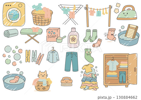 Cute Laundry clipart set with washing machine, clothes, socks, detergent and household items 130884662