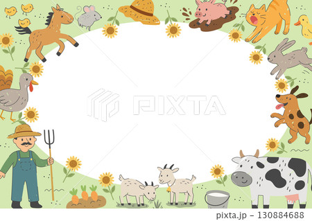 Decorative frame with farm animals, farmer,sunflowers and countryside elements in flat cartoon style 130884688