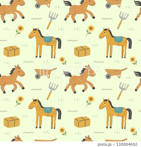 Seamless pattern featuring horses, tools, sunflower and hay bales in colorful cartoon flat style Seamless pattern featuring horses, tools, sunflower and hay bales in colorful cartoon flat style 130884692