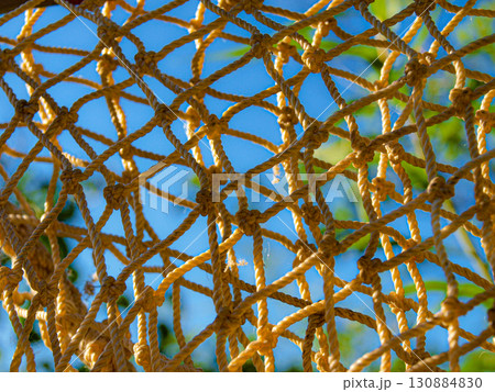 Double mesh for clearance, thick mesh ropes. Diamond mesh, antique weaving. Texture of a net with green foliage against the sky. 130884830