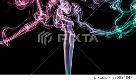 Abstract background of colorful smoke swirling on black, pink and green vapor creating beautiful artistic shapes, creative design element Abstract background of colorful smoke swirling on black, pink and green vapor creating beautiful artistic shapes, creative design element 130884847