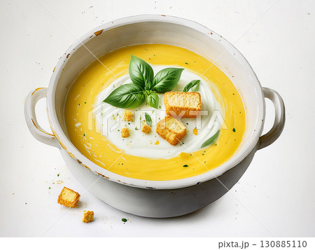 バジルとクルトンを添えたクリーミーなコーンスープのアップ｜スープ、コーン、バジル、クルトン、料理、食 130885110