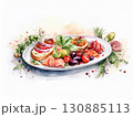 ハムや野菜を彩り豊かに盛り付けたアンティパストの水彩風イラスト｜アンティパスト、前菜、イタリアン、生 130885113