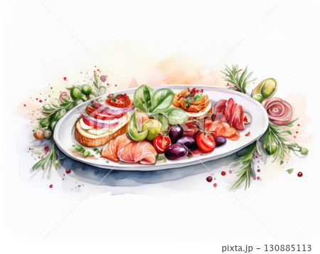 ハムや野菜を彩り豊かに盛り付けたアンティパストの水彩風イラスト｜アンティパスト、前菜、イタリアン、生 130885113