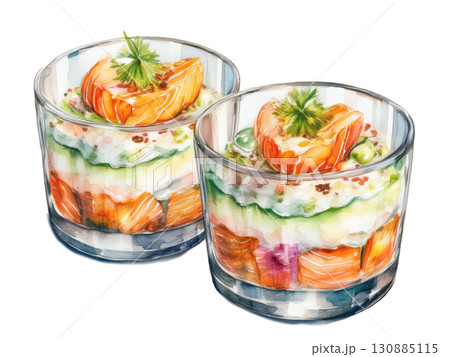 スモークサーモンとカッテージチーズの層を重ねた美しい前菜の水彩風イラスト｜グラス盛り、ジュレドレッシ 130885115