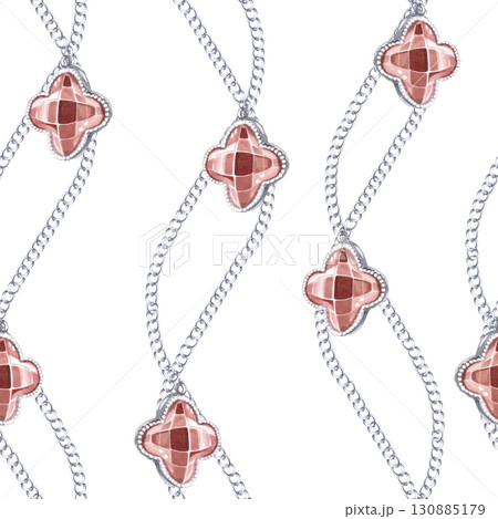 Seamless pattern with gracefully curved chains and pendants made of sultanite. Watercolor illustration is hand-drawn for packaging design, interior design, printing on fabric. 130885179